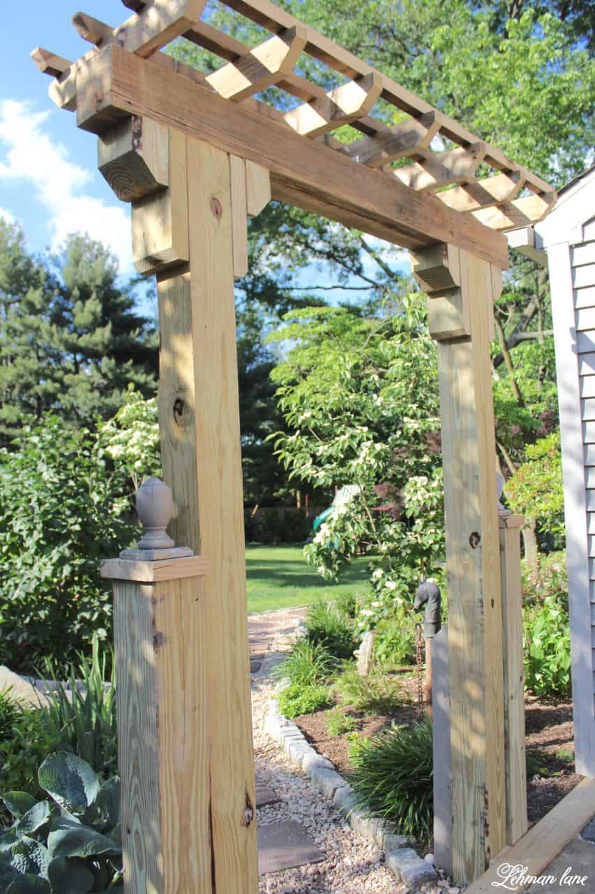 DIY wooden arbor entryway to garden