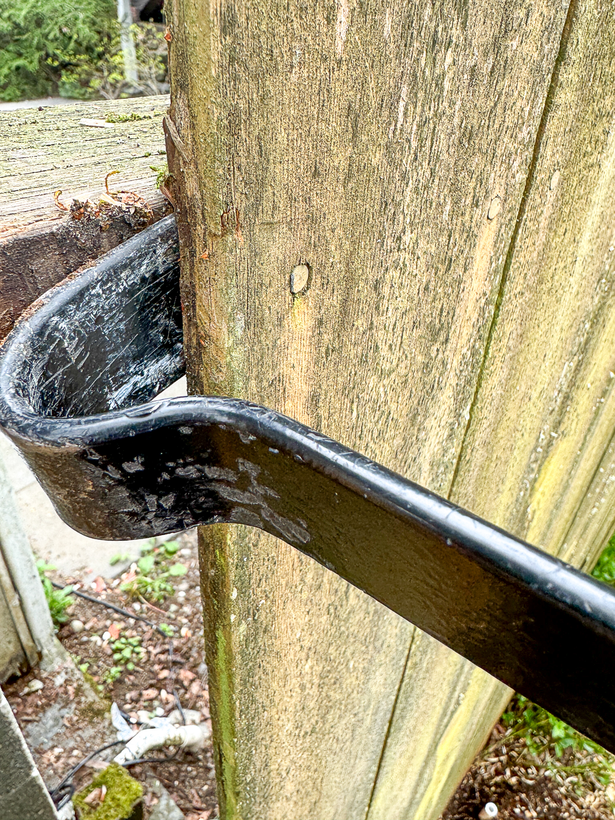 using a pry bar to remove a fence picket