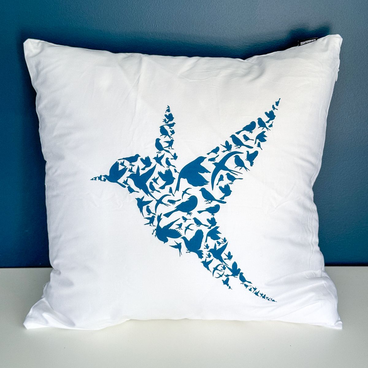 DIY screen printed pillow cover with image of birds