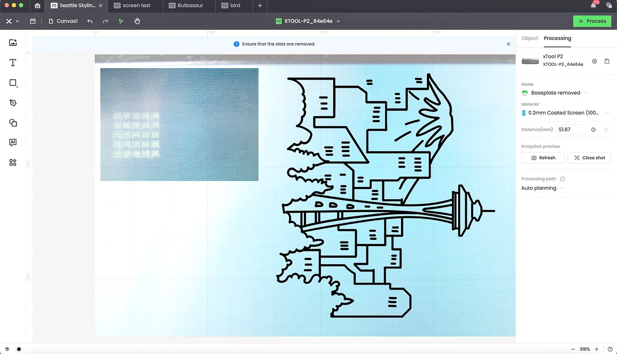 screenshot of xTool Creative Space with Seattle skyline design to be engraved