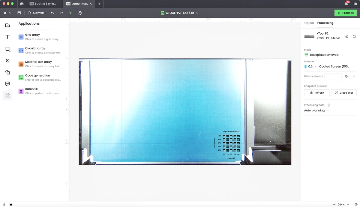 positioning the test grid in the corner of the screen in xTool Creative Space software