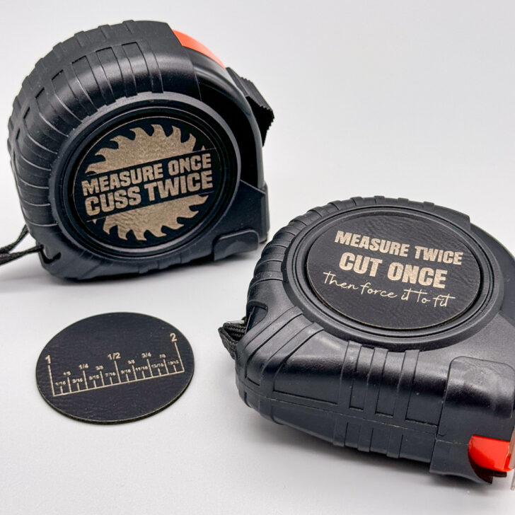 personalized tape measures with laser engraved leatherette patches