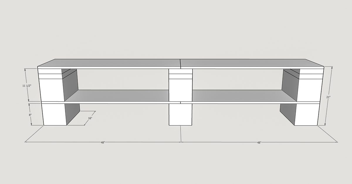 3D model of DIY cinder block shelves with dimensions