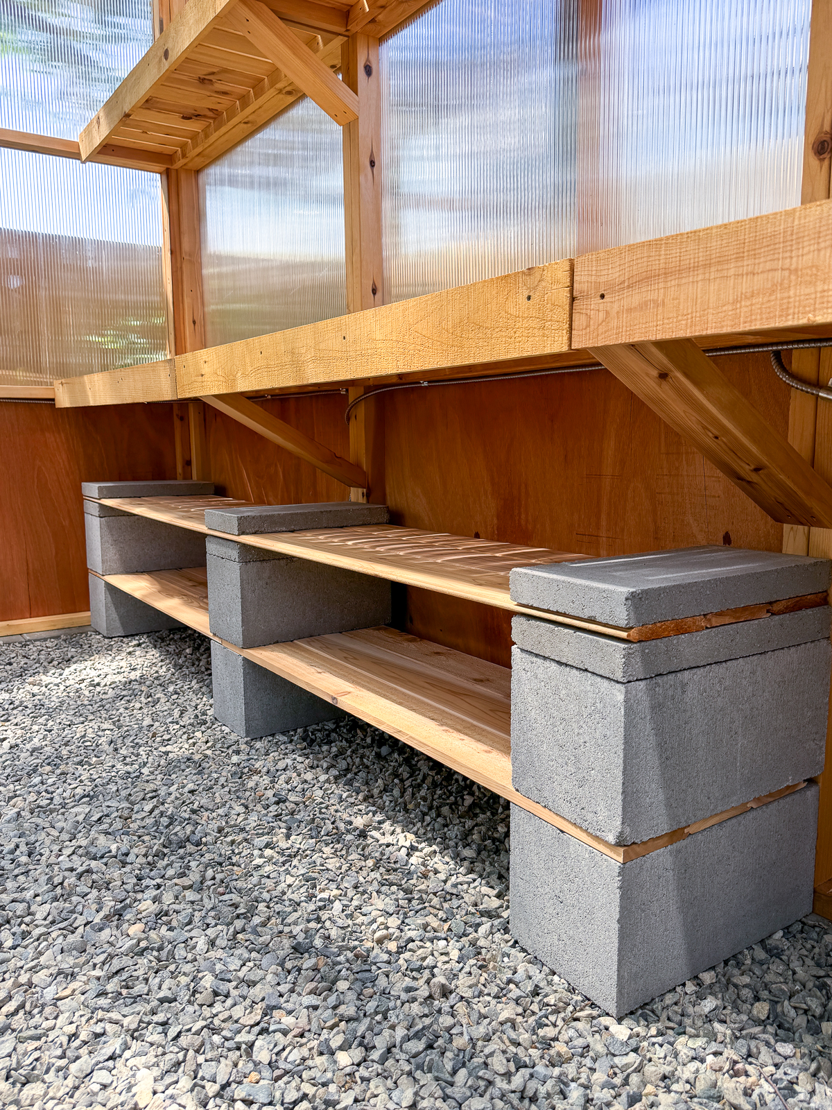 empty DIY cinder block shelves