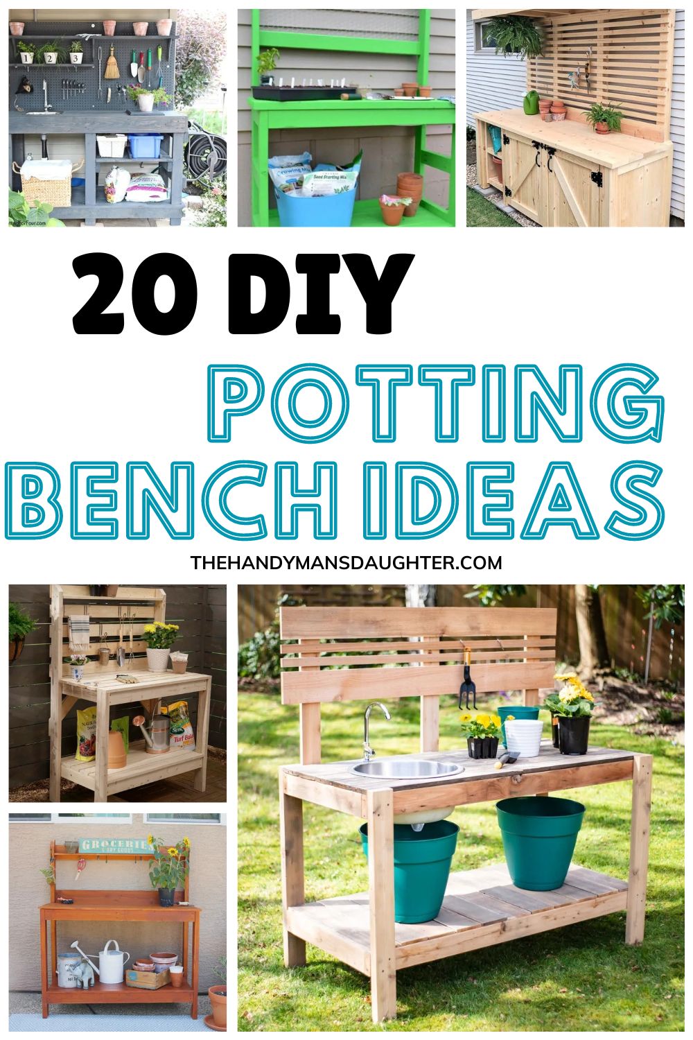 Image collage of six potting benches with text overlay "20 DIY potting bench ideas