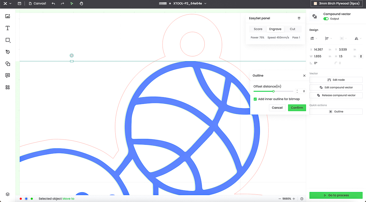 screenshot of xTool Creative Space creating offset of 0 for score line around engraving