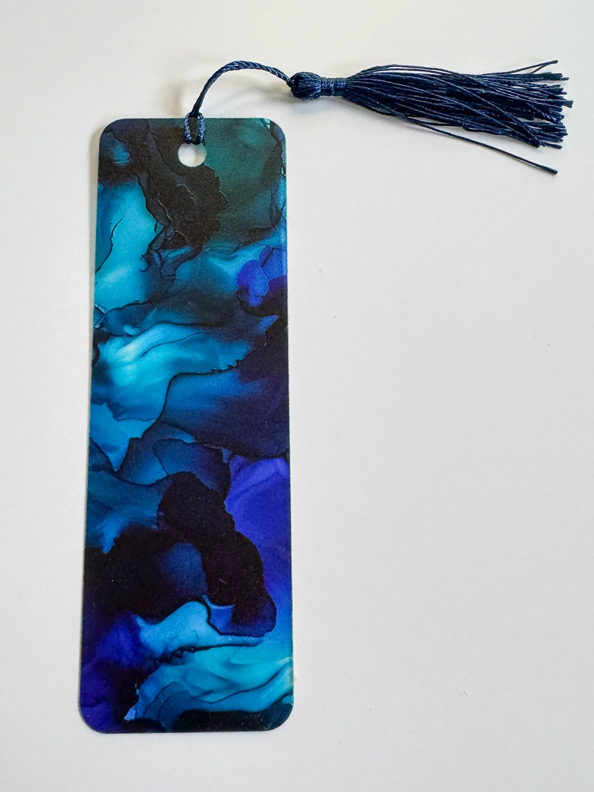 dark blue watercolor acrylic bookmark with dark blue tassel