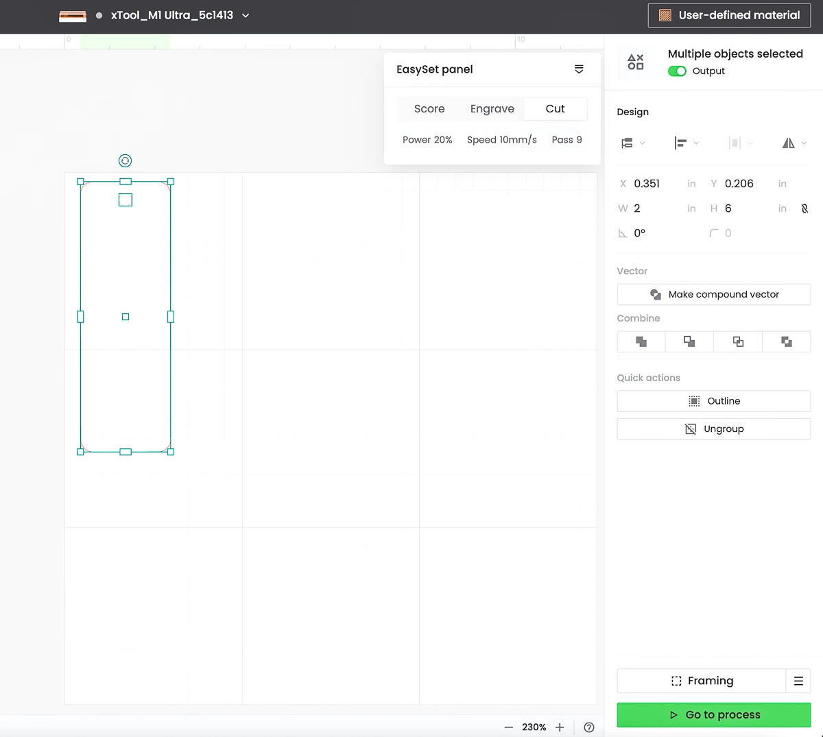 screenshot of xTool Creative Space with size settings for acrylic bookmark