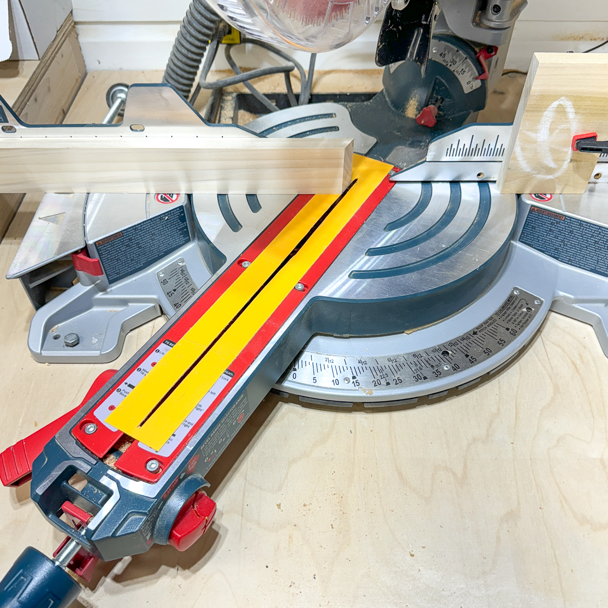 end of board cut to 30 degrees with the miter saw