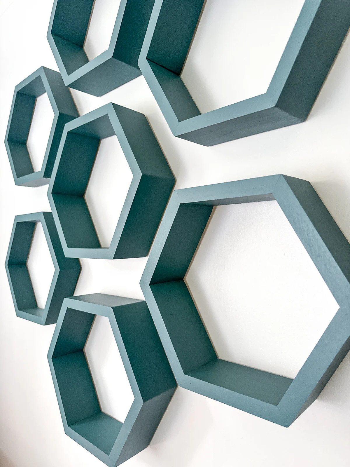 close up view of hexagon wall shelves