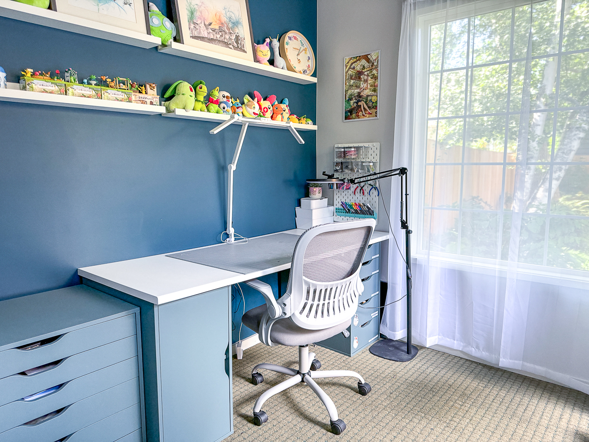 desk and shelves in craft room