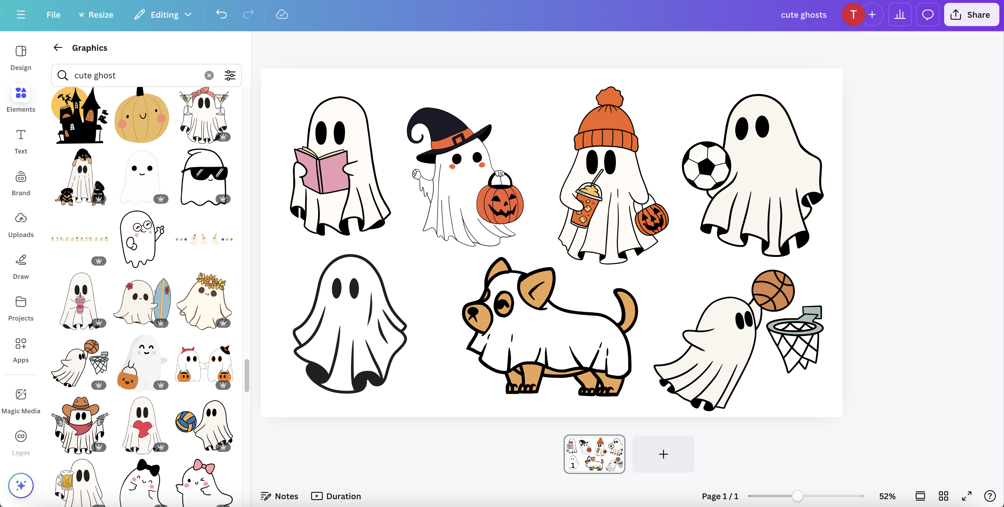 screenshot of Canva with images of cute ghosts