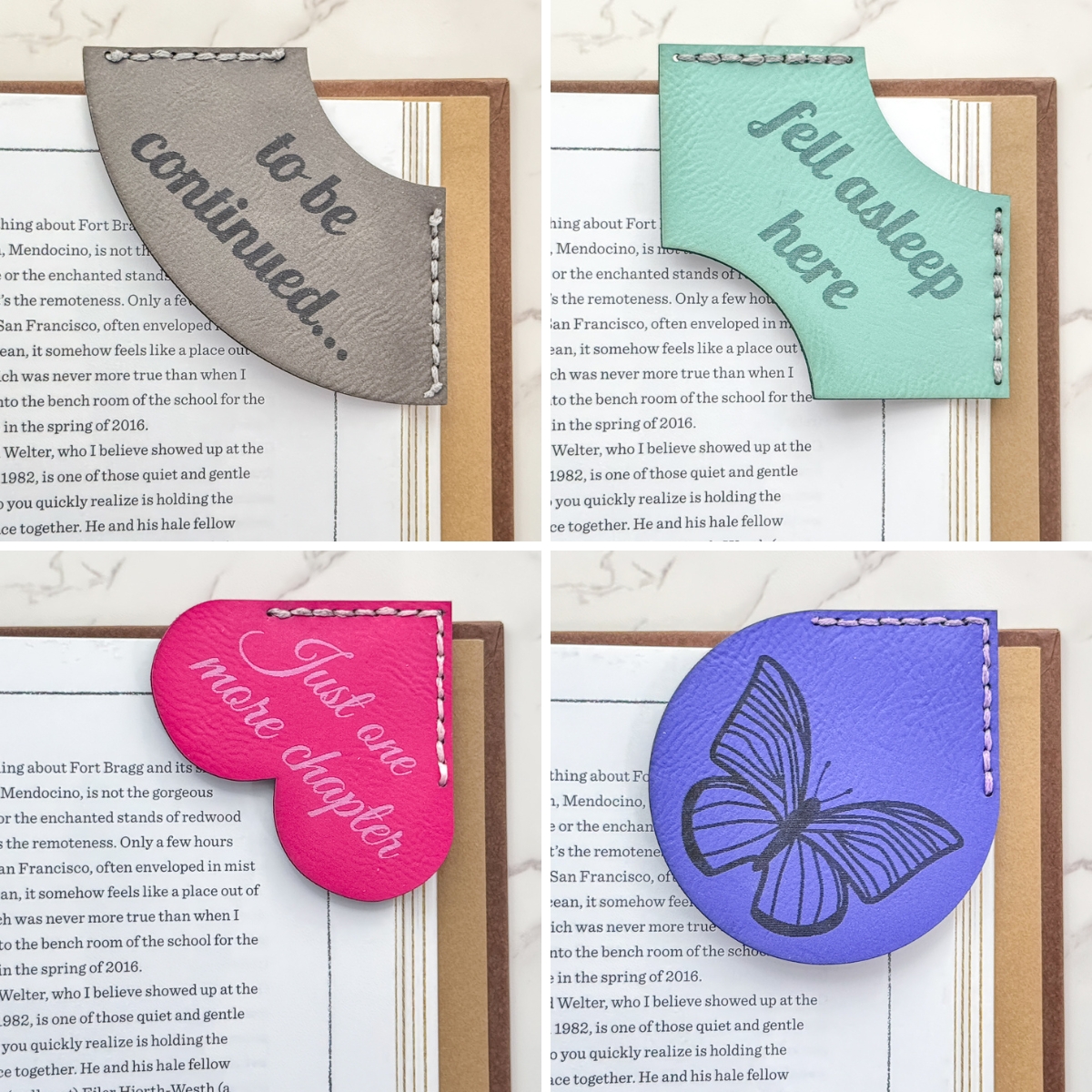 collage of four different leather corner bookmark designs