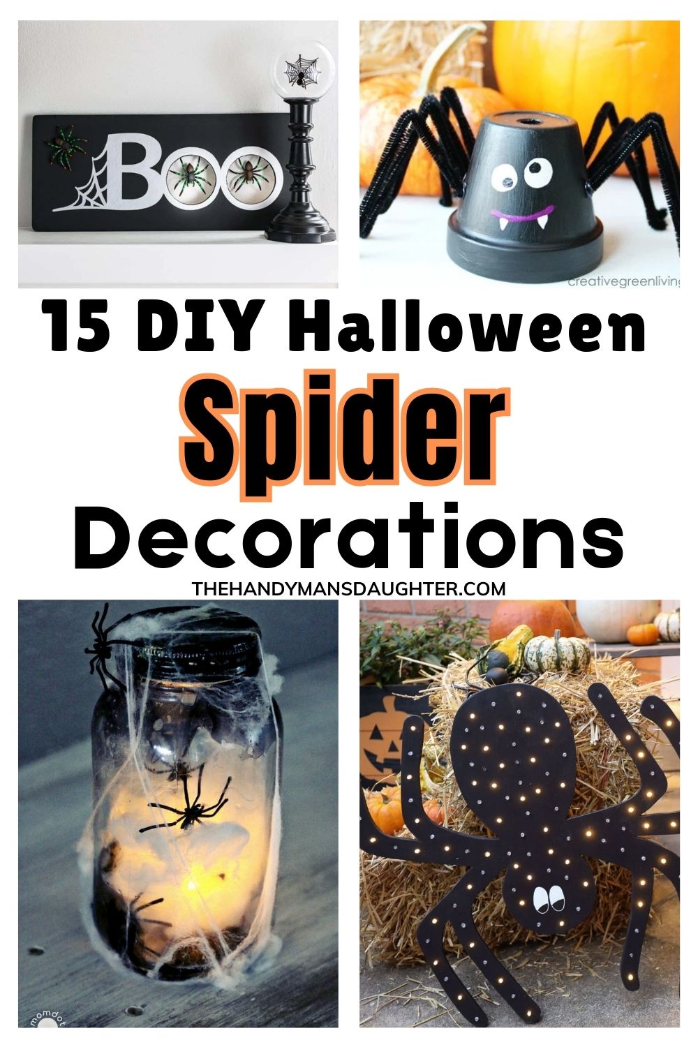 collage of DIY Halloween spider decorations