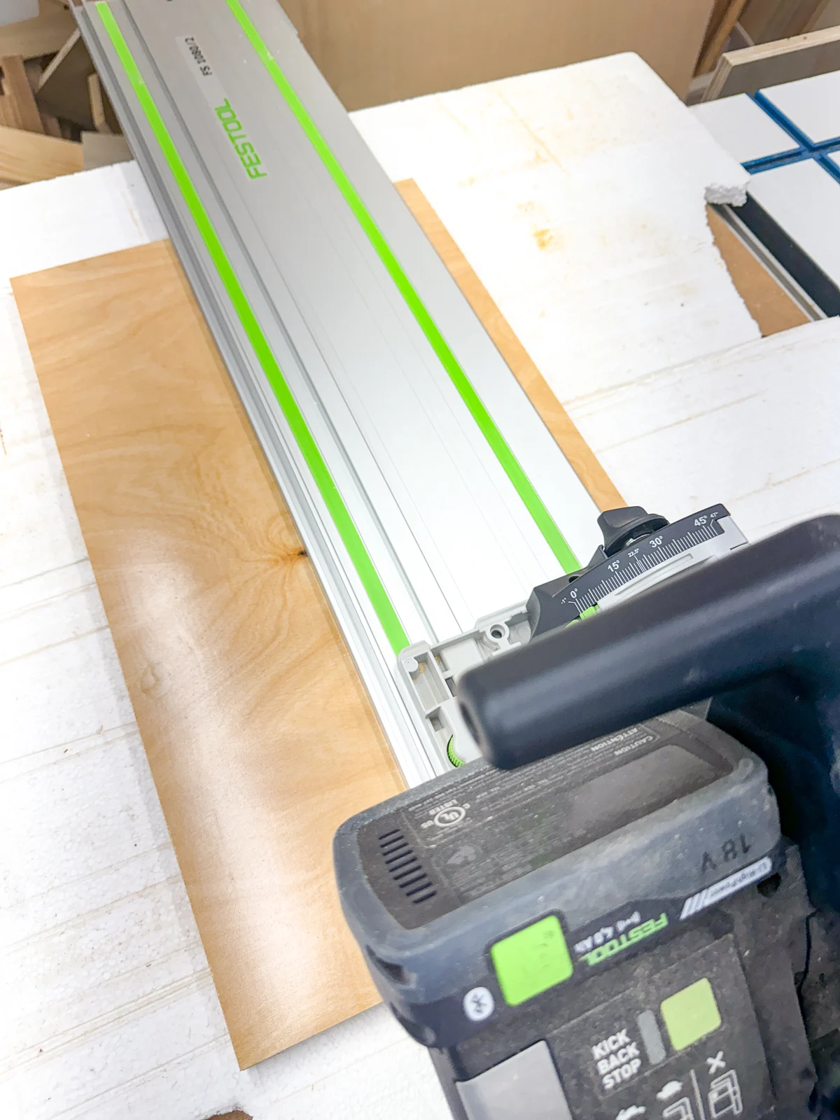 cutting shelves to width with a track saw