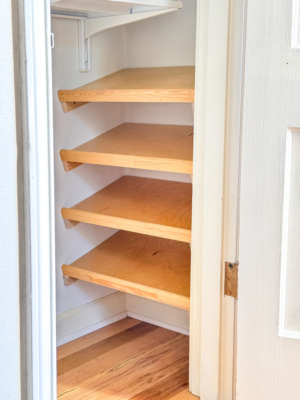 empty slanted shoe shelves in closet