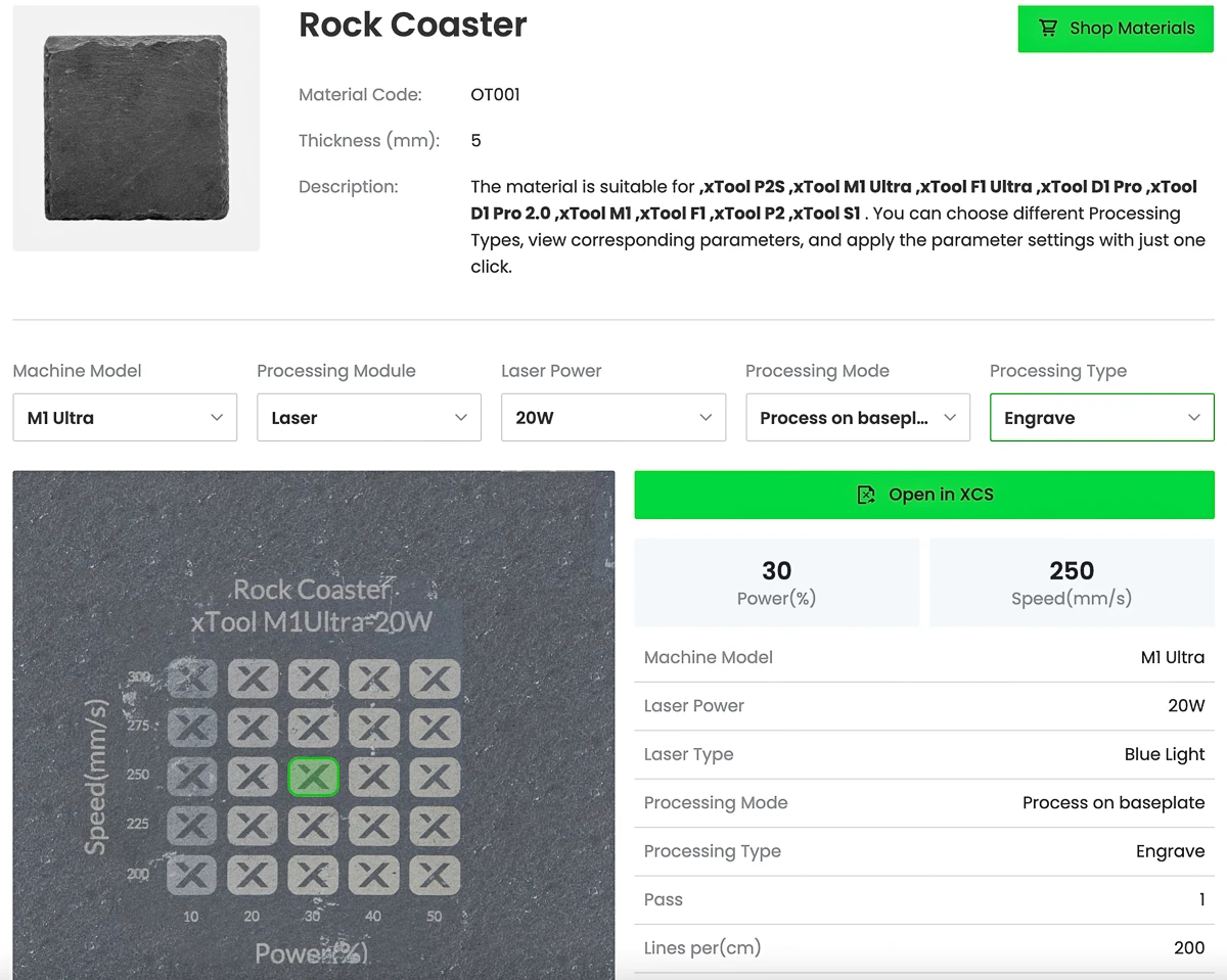 laser engrave settings for slate with the 20W xTool M1 Ultra