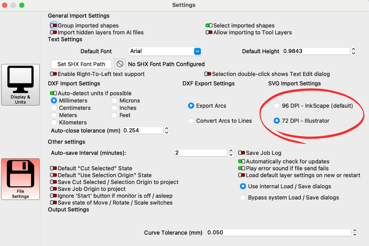 import settings for Lightburn