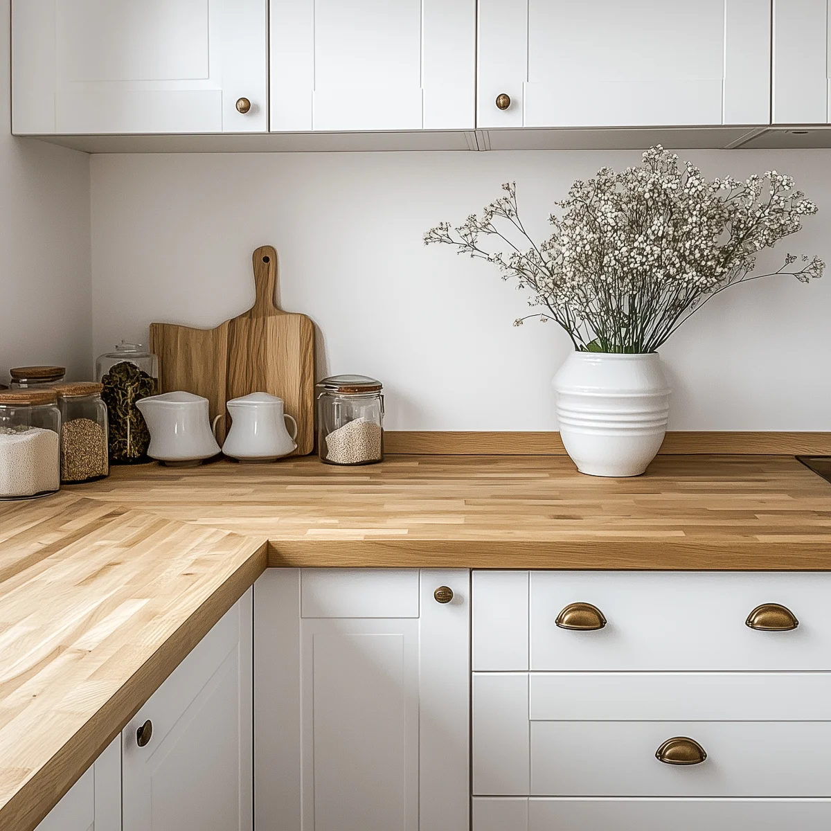 white kitchen with butcher block countertops that meet at a mitered joint in the corner