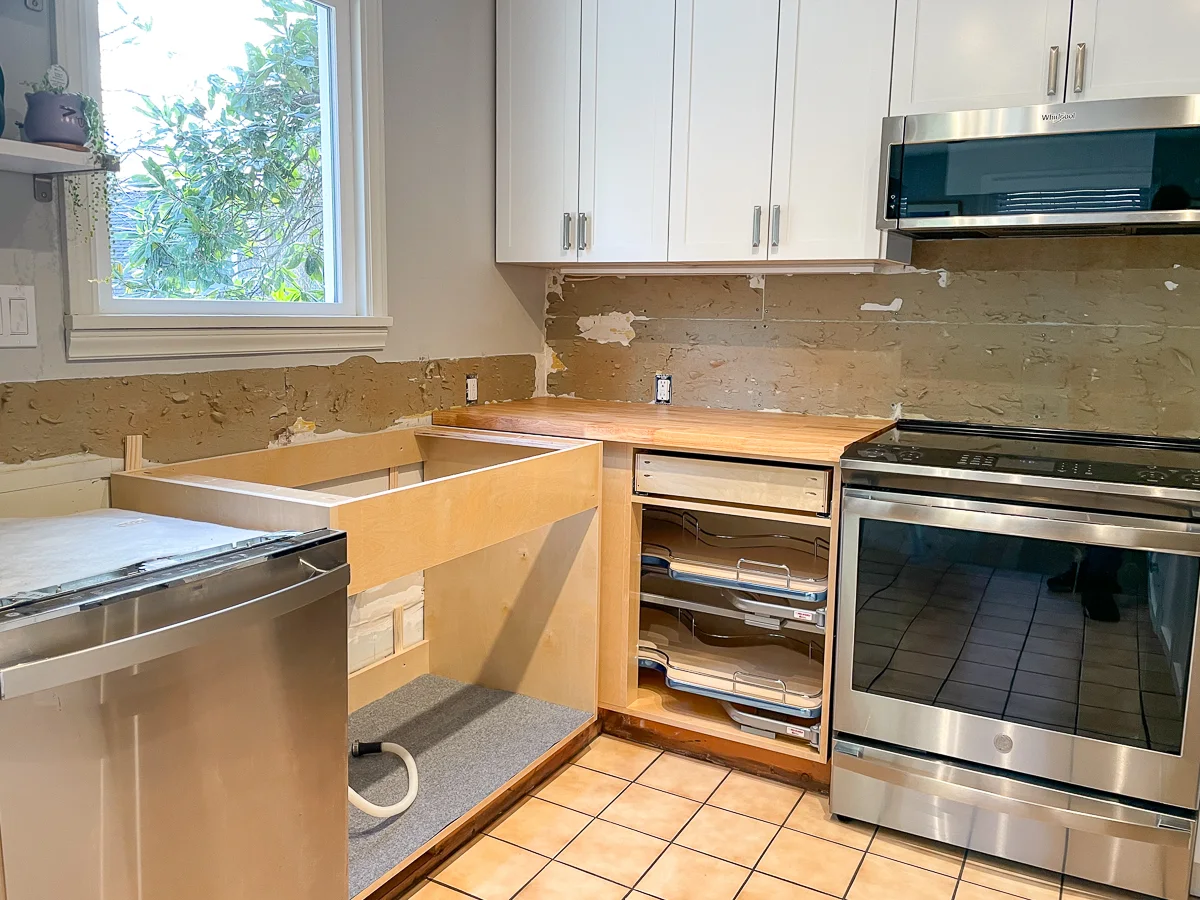 kitchen in the process of being remodeled with butcher block countertops