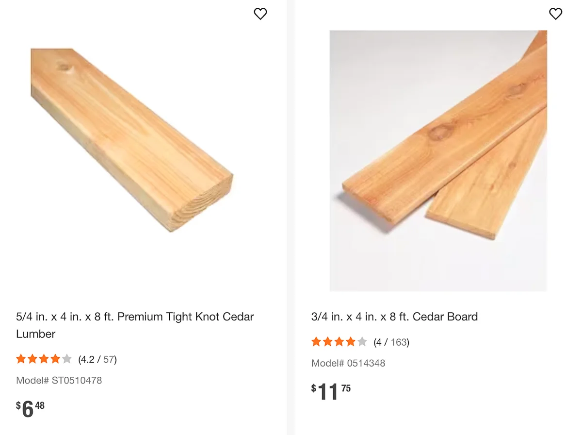 price comparison of 5/4 vs ¾ cedar boards